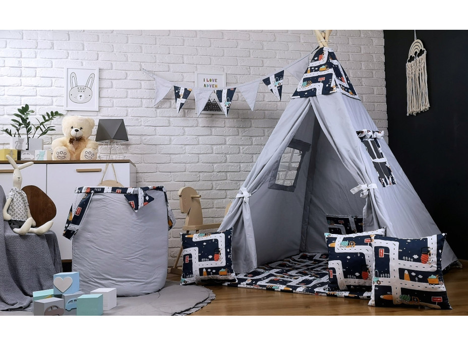 Dětský stan TEEPEE (TÝPÍ) MĚSTEČKO s doplňky - šedý