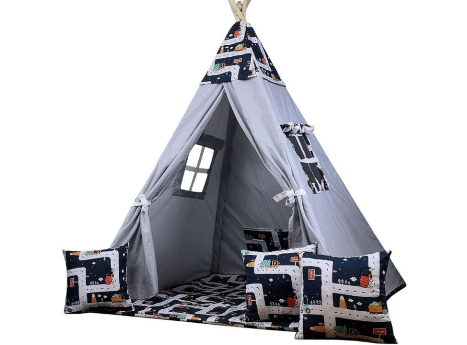 Dětský stan TEEPEE (TÝPÍ) MĚSTEČKO s doplňky - šedý