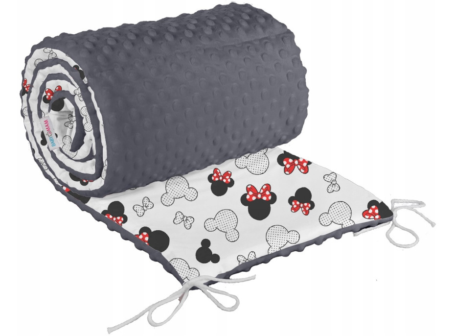 Ochranný mantinel do postýlky 180x30 cm BABYMAM PREMIUM - Myška Minnie s grafitovou minky