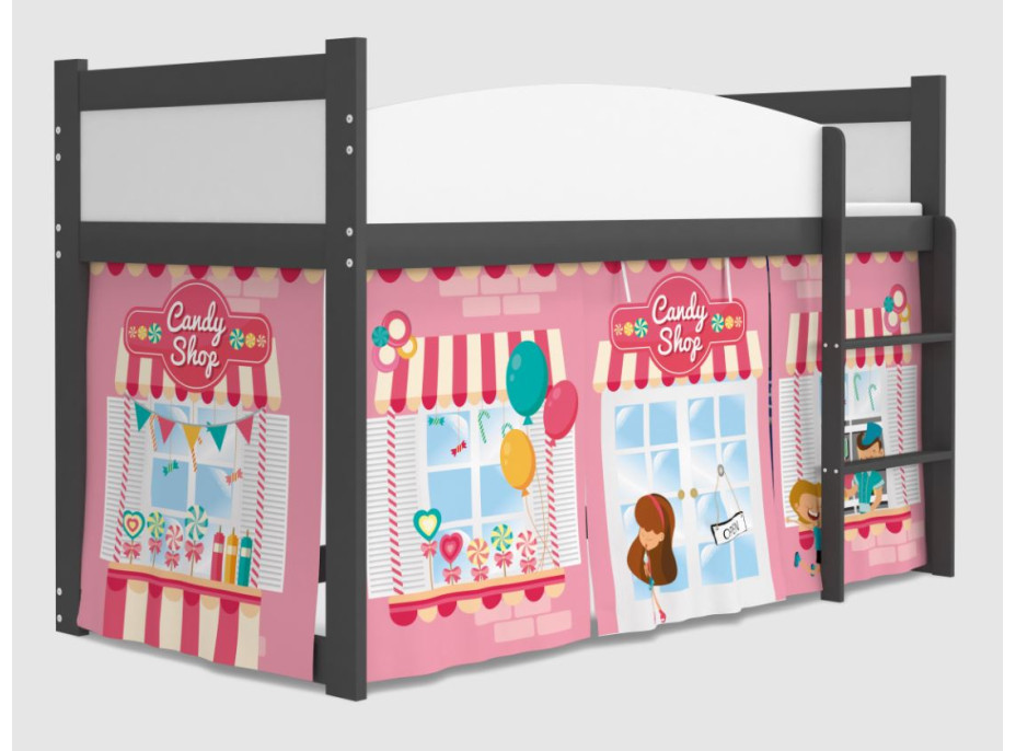 SKLADEM: Vyvýšená dětská postel TWISTER 184x80 cm - Cukrárna - šedá/růžová + matrace