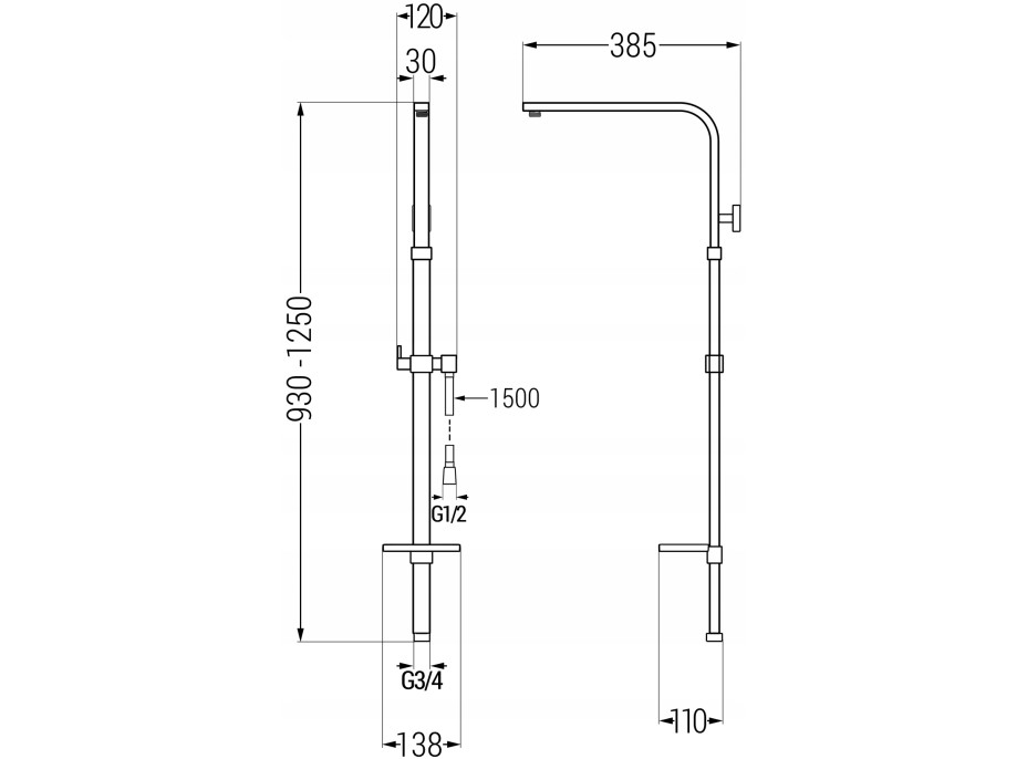 Sprchová kovová tyč s držákem na ruční sprchu, dešťovou hlavici a mýdlo MEXEN Q - 93-125 cm - bílá + hadice 150 cm, 79395-20