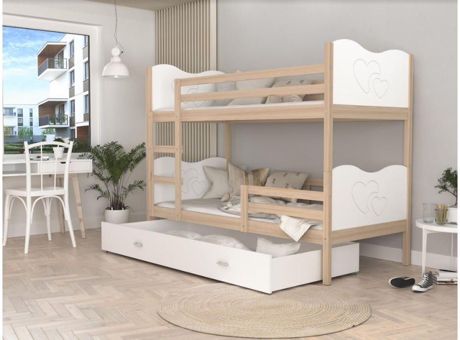 Dětská patrová postel se šuplíkem MAX R - 160x80 cm - bílá/borovice - srdíčka