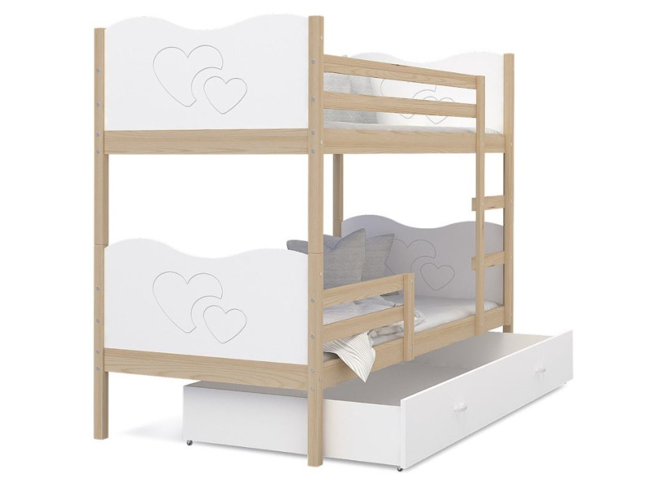 Dětská patrová postel se šuplíkem MAX R - 190x80 cm - bílá/borovice - srdíčka
