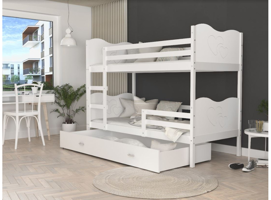 Dětská patrová postel se šuplíkem MAX R - 190x80 cm - bílá - srdíčka