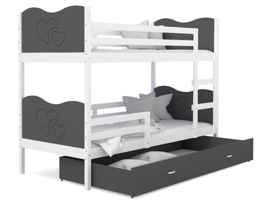 Dětská patrová postel se šuplíkem MAX R - 160x80 cm - šedo-bílá - srdíčka