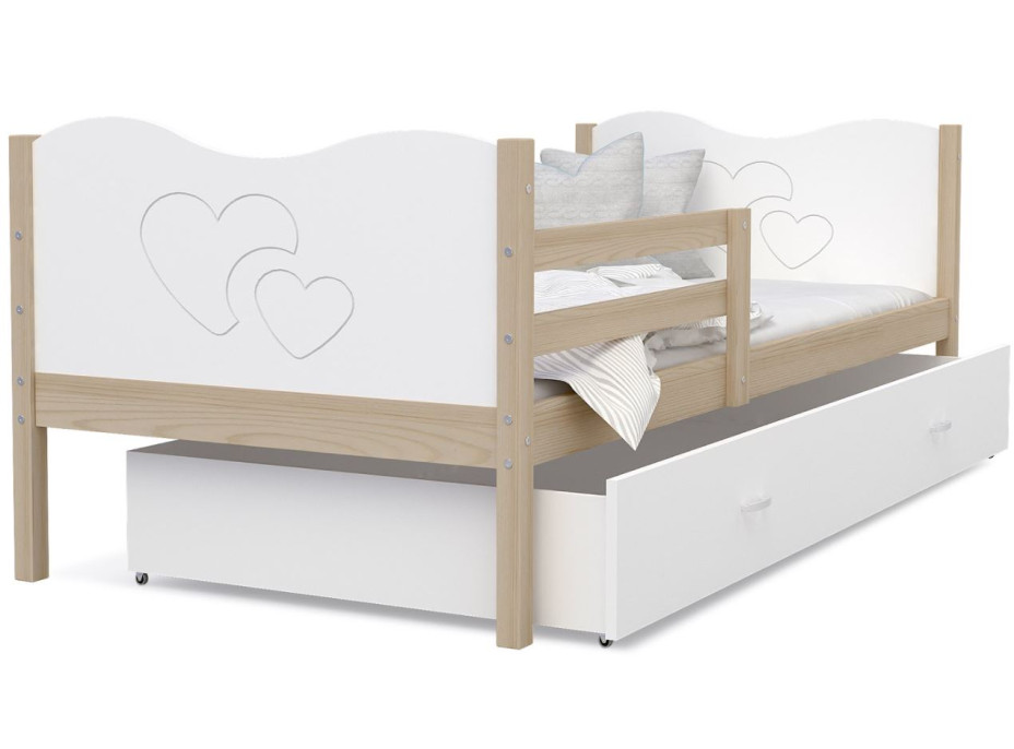 Dětská postel se šuplíkem MAX S - 160x80 cm - bílá/borovice - srdíčka