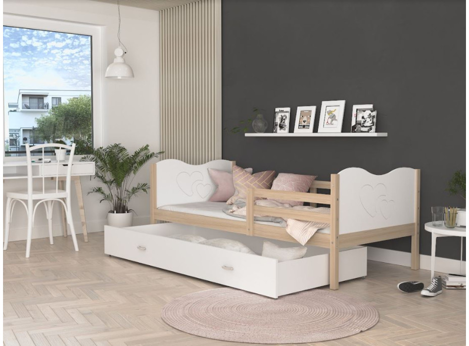 Dětská postel se šuplíkem MAX S - 190x80 cm - bílá/borovice - srdíčka