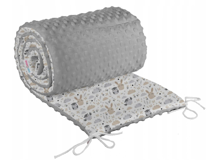 Ochranný mantinel do postýlky 180x30 cm BABYMAM PREMIUM - Zvířecí partička s šedou minky
