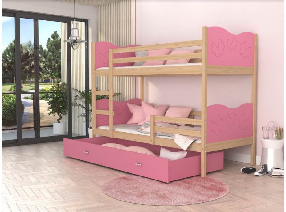 Dětská patrová postel se šuplíkem MAX R - 160x80 cm - růžová/borovice - motýlci
