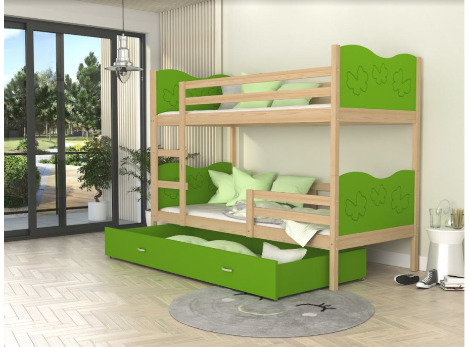 Dětská patrová postel se šuplíkem MAX R - 190x80 cm - zelená/borovice - motýlci