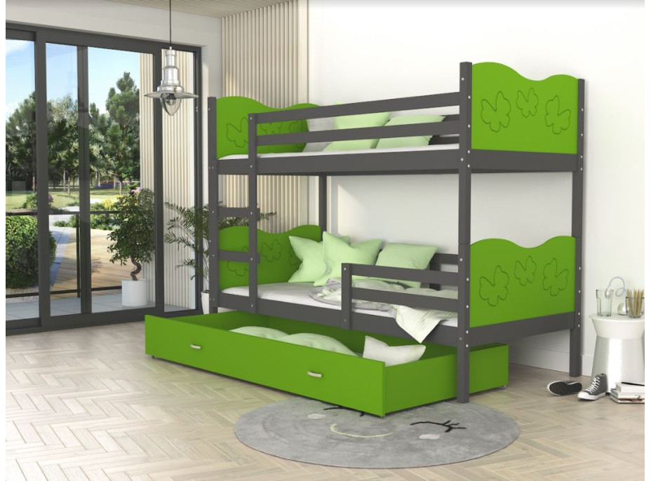 Dětská patrová postel se šuplíkem MAX R - 160x80 cm - zeleno-šedá - motýlci