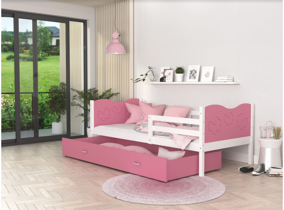 Dětská postel se šuplíkem MAX S - 190x80 cm - růžovo-bílá - motýlci