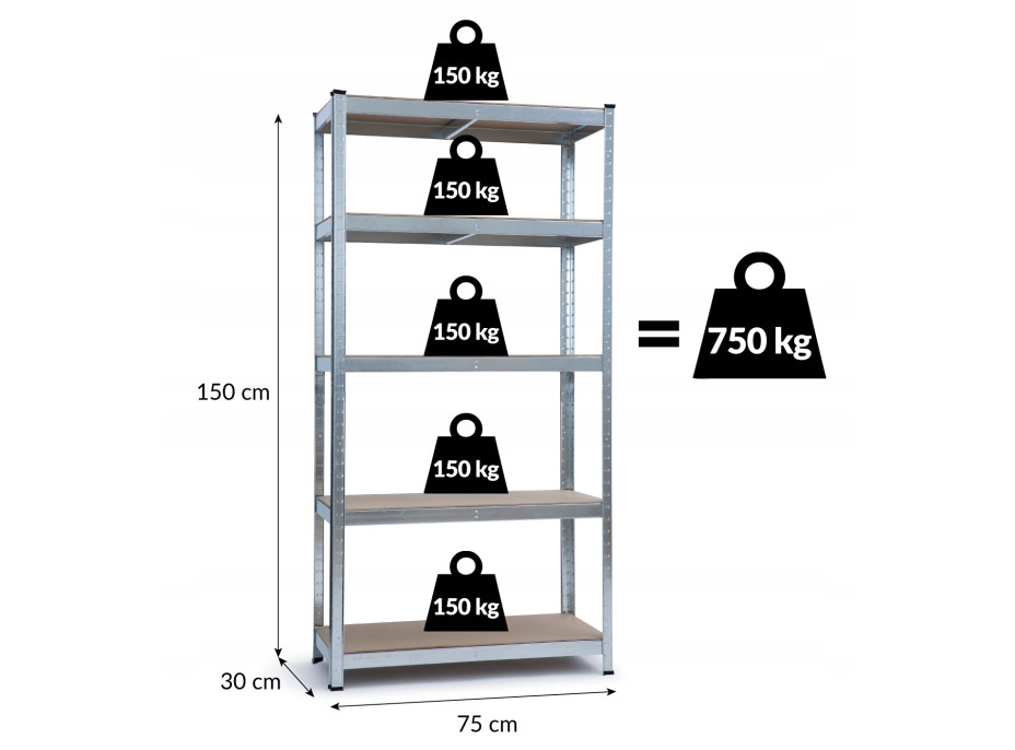 Úložný regál METAL - kovový - 75x30x150 cm - nosnost 750 kg