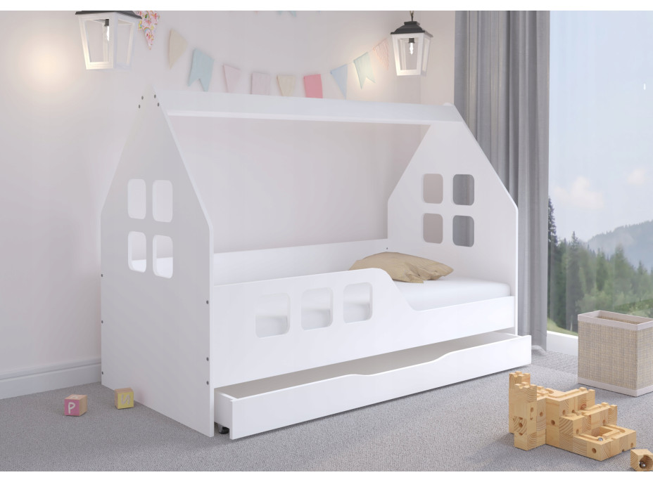 Dětská domečková postel KIDHOUSE se šuplíkem - bílá - levá - 160x80 cm