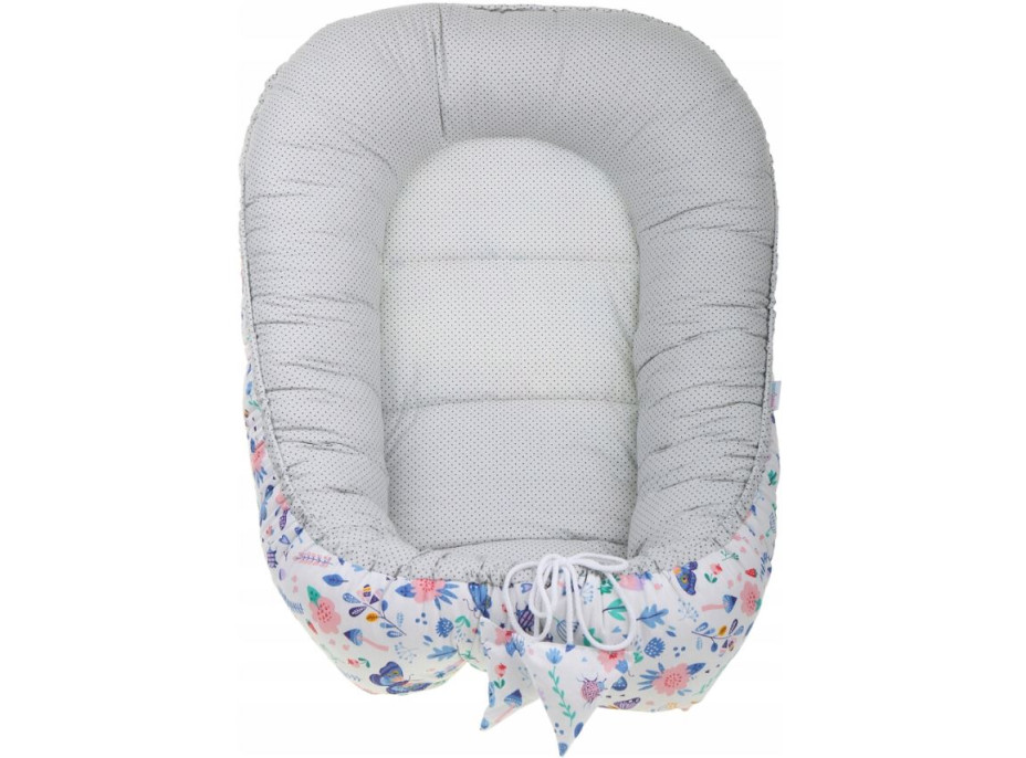 Oboustranné hnízdečko (kokon) pro miminko - BABYMAM PREMIUM set 7v1 - Na louce s růžovou minky