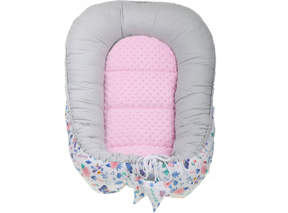 Oboustranné hnízdečko (kokon) pro miminko - BABYMAM PREMIUM set 7v1 - Na louce s růžovou minky