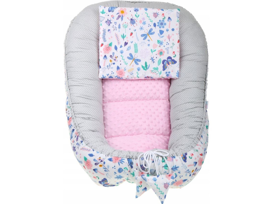 Oboustranné hnízdečko (kokon) pro miminko - BABYMAM PREMIUM set 7v1 - Na louce s růžovou minky