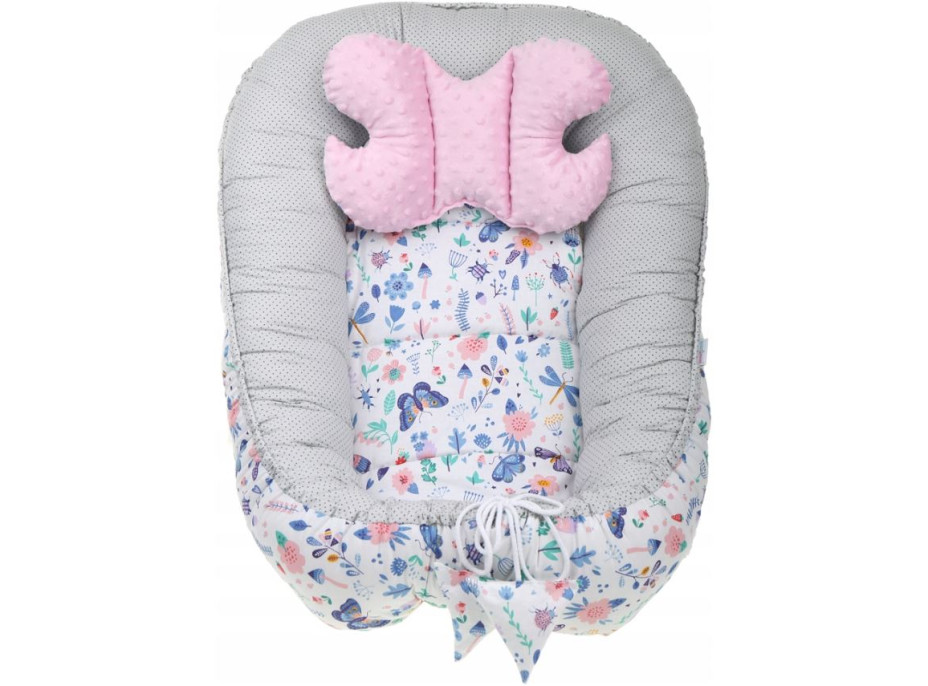 Oboustranné hnízdečko (kokon) pro miminko - BABYMAM PREMIUM set 7v1 - Na louce s růžovou minky