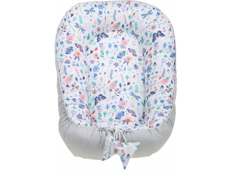 Oboustranné hnízdečko (kokon) pro miminko - BABYMAM PREMIUM set 7v1 - Na louce s růžovou minky
