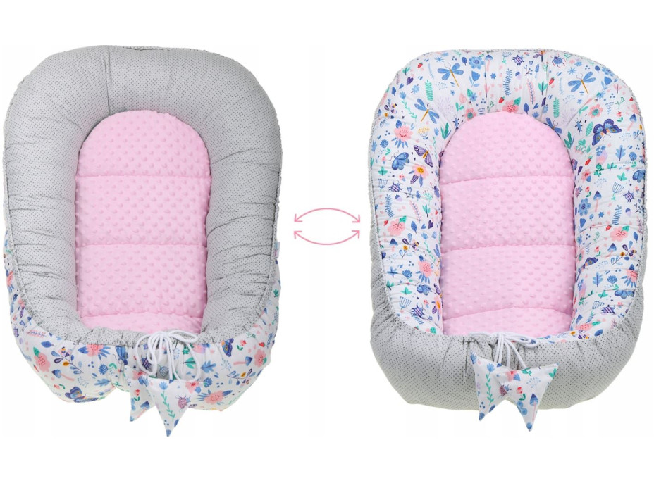 Oboustranné hnízdečko (kokon) pro miminko - BABYMAM PREMIUM set 7v1 - Na louce s růžovou minky