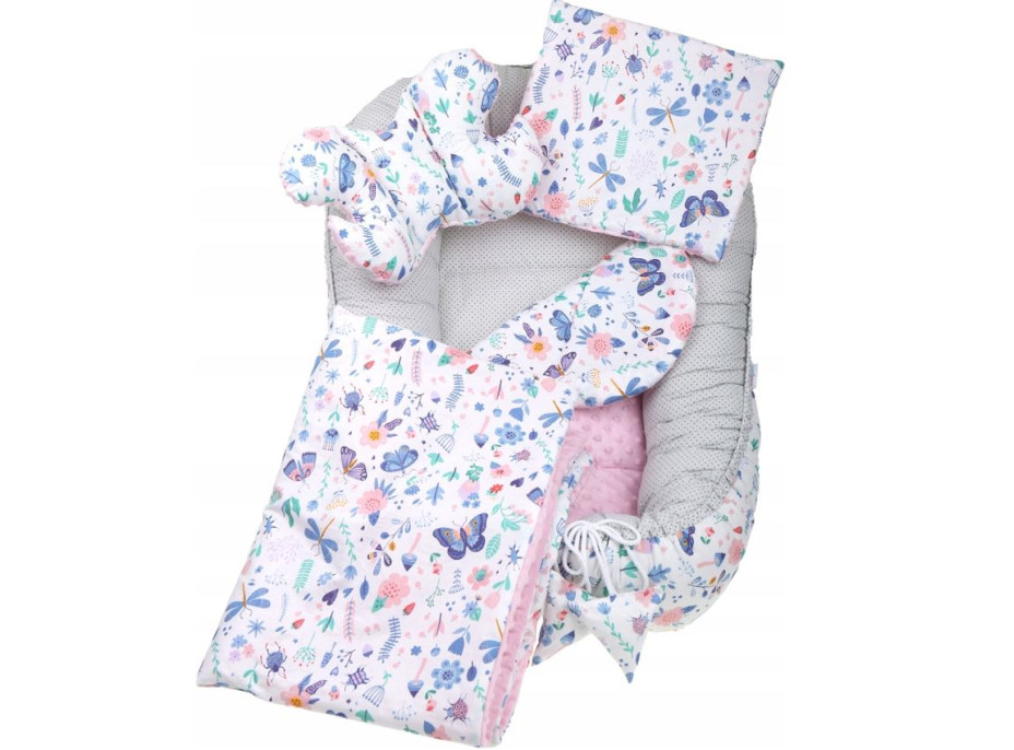 Oboustranné hnízdečko (kokon) pro miminko - BABYMAM PREMIUM set 7v1 - Na louce s růžovou minky