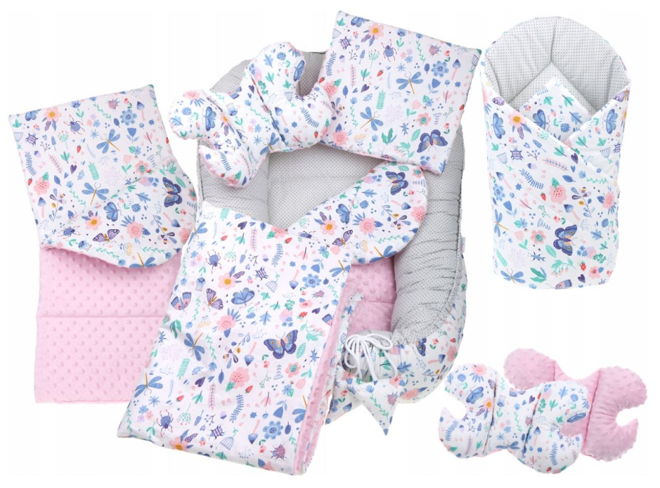 Oboustranné hnízdečko (kokon) pro miminko - BABYMAM PREMIUM set 7v1 - Na louce s růžovou minky