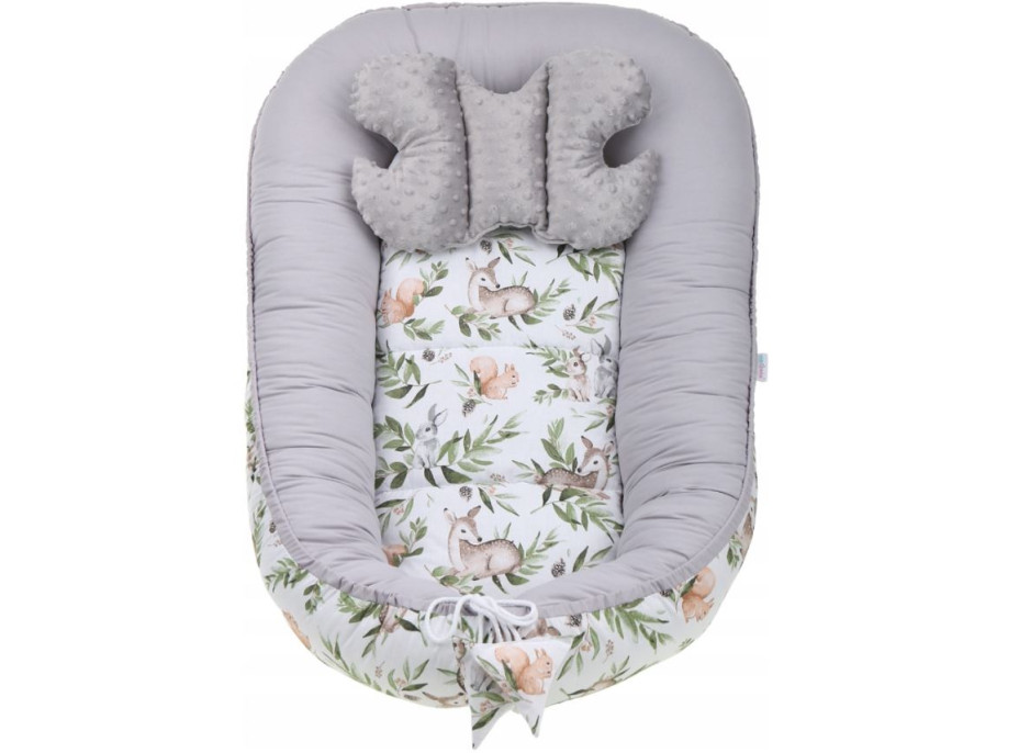 Oboustranné hnízdečko (kokon) pro miminko - BABYMAM PREMIUM set 7v1 - Zelená paseka s šedou minky
