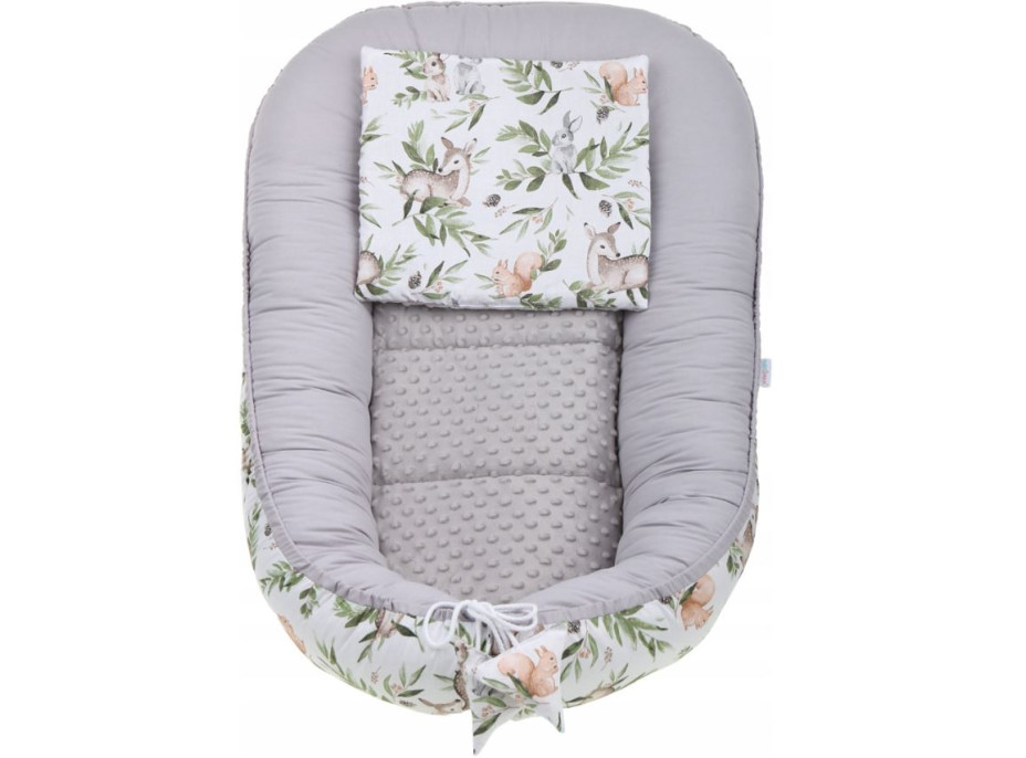 Oboustranné hnízdečko (kokon) pro miminko - BABYMAM PREMIUM set 7v1 - Zelená paseka s šedou minky
