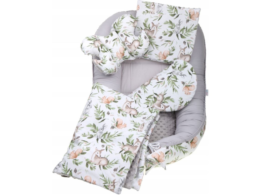 Oboustranné hnízdečko (kokon) pro miminko - BABYMAM PREMIUM set 7v1 - Zelená paseka s šedou minky