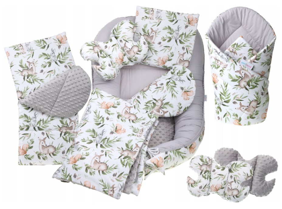 Oboustranné hnízdečko (kokon) pro miminko - BABYMAM PREMIUM set 7v1 - Zelená paseka s šedou minky