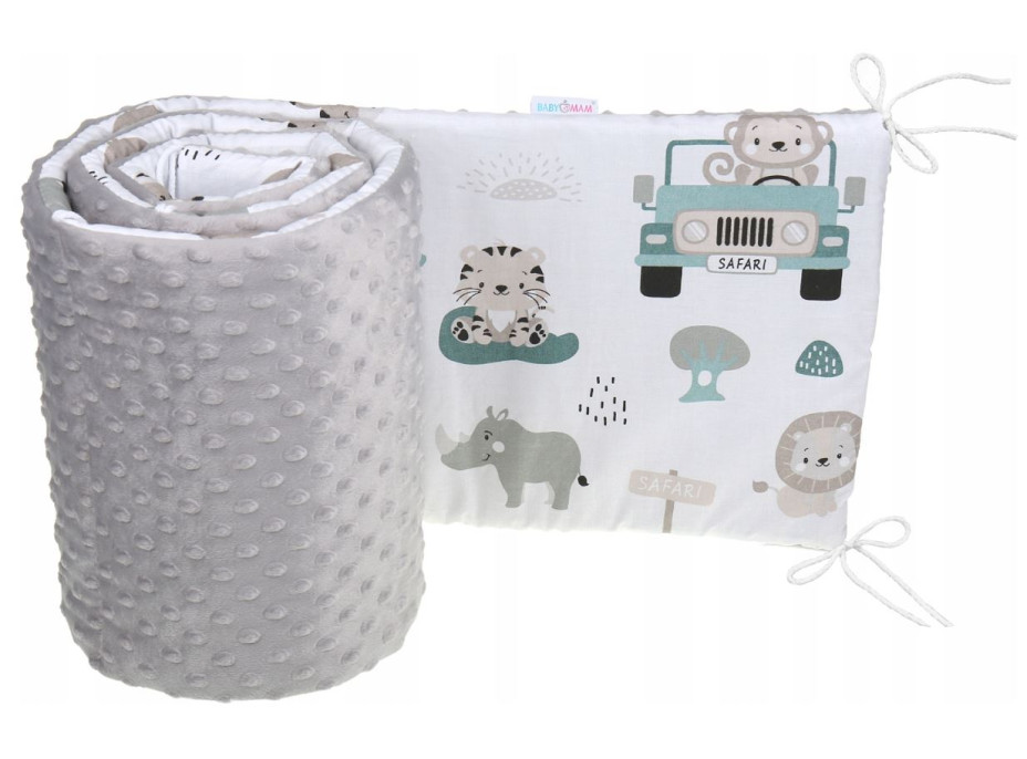 Ochranný mantinel do postýlky 180x30 cm BABYMAM PREMIUM - Na safari s šedou minky
