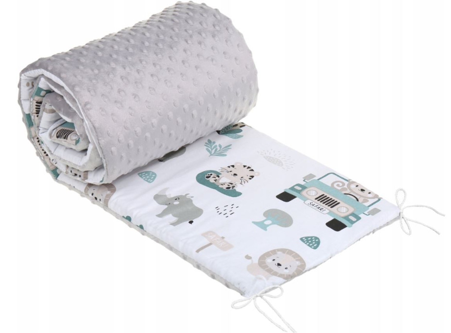 Ochranný mantinel do postýlky 180x30 cm BABYMAM PREMIUM - Na safari s šedou minky