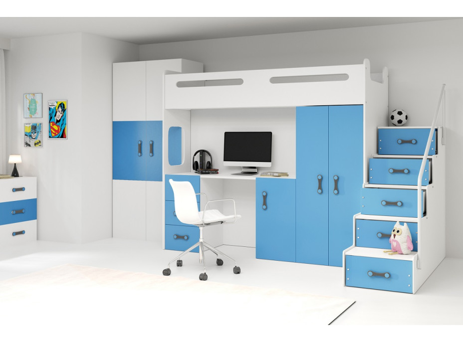 Dětská vyvýšená postel s psacím stolem a skříní MAXÍK 4 bílo-modrá - 200x80 cm + matrace ZDARMA