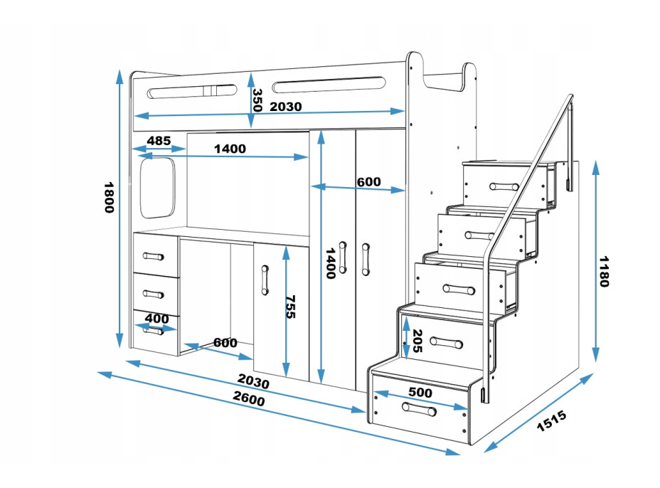 Dětská vyvýšená postel s psacím stolem a skříní MAXÍK 4 bílo-zelená - 200x80 cm + matrace ZDARMA