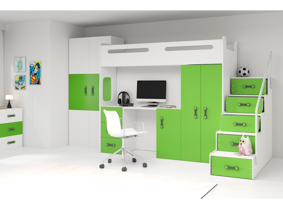 Dětská vyvýšená postel s psacím stolem a skříní MAXÍK 4 bílo-zelená - 200x80 cm + matrace ZDARMA