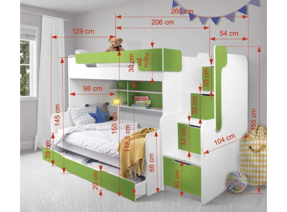Dětská patrová postel s rozšířeným spodním lůžkem a šuplíkem HARRY bílo-růžová - 200x90/120 cm