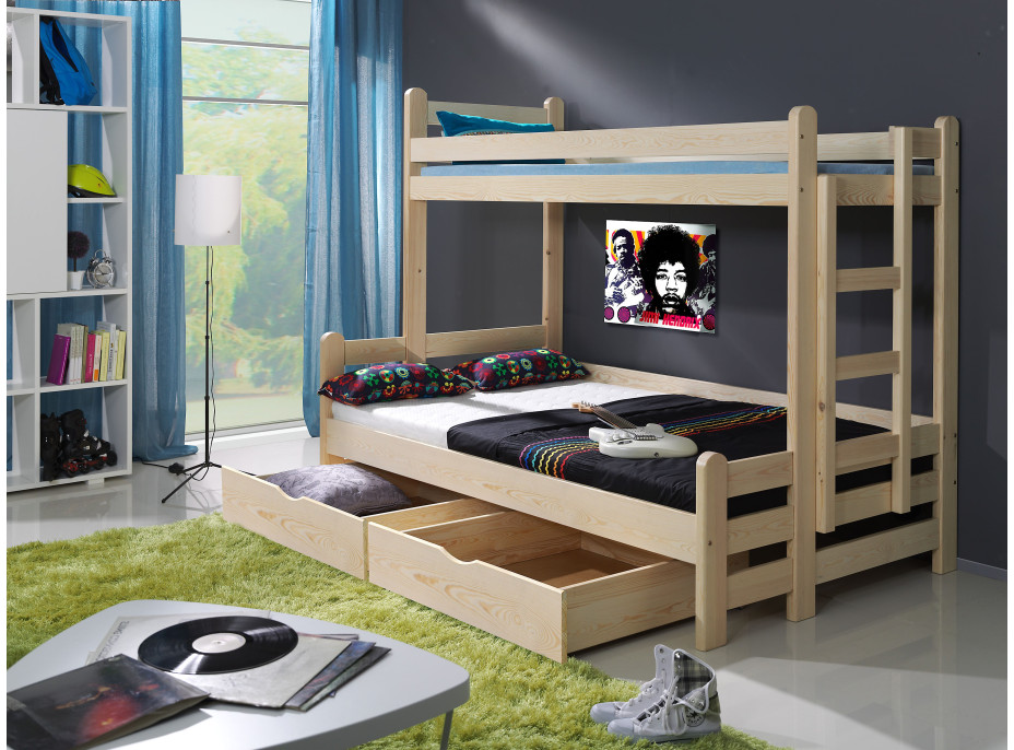 Dětská patrová postel s rozšířeným spodním lůžkem a šuplíkem BENJAMIN - přírodní borovice - 200x90/120 cm