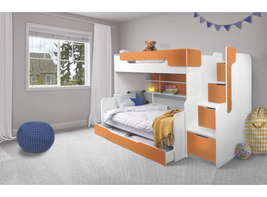 Dětská patrová postel s rozšířeným spodním lůžkem a šuplíkem HARRY bílo-oranžová - 200x90/120 cm