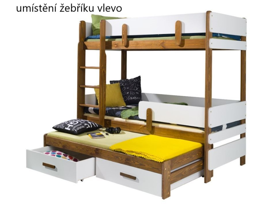 Dětská patrová postel z masivu borovice ETTORE III s přistýlkou a šuplíky - 200x90 cm - dub/bílá