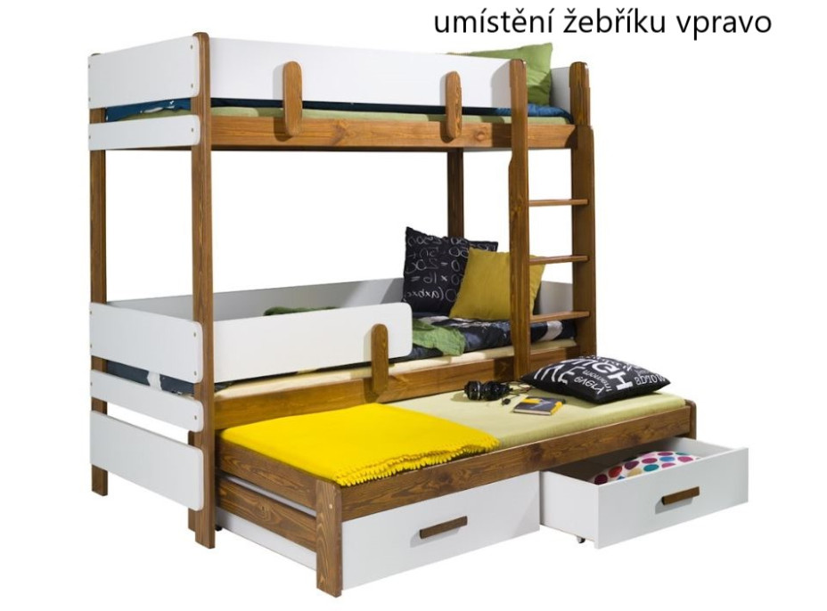 Dětská patrová postel z masivu borovice ETTORE III s přistýlkou a šuplíky - 200x90 cm - dub/bílá