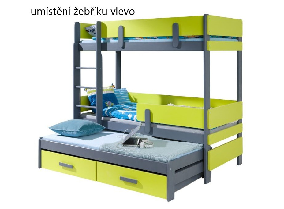 Dětská patrová postel z masivu borovice ETTORE III s přistýlkou a šuplíky - 200x90 cm - grafit/zelená
