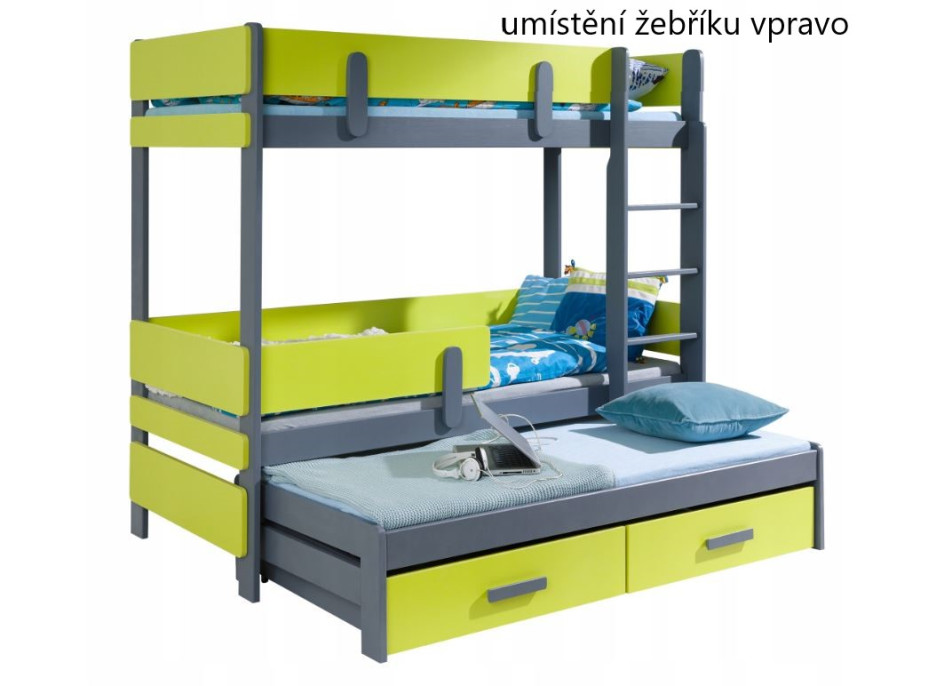 Dětská patrová postel z masivu borovice ETTORE III s přistýlkou a šuplíky - 200x90 cm - grafit/zelená