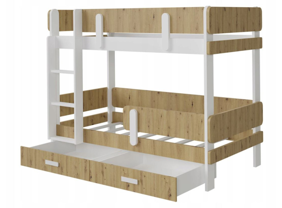 Dětská patrová postel z masivu borovice ETTORE se šuplíky - 200x90 cm - bílá/dub artisan