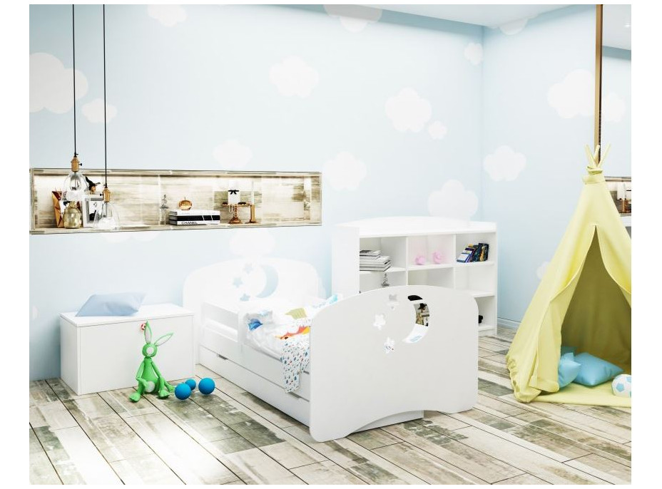 Dětská postel se šuplíkem 140x70 cm s výřezem MĚSÍC A HVĚZDIČKY + matrace ZDARMA!