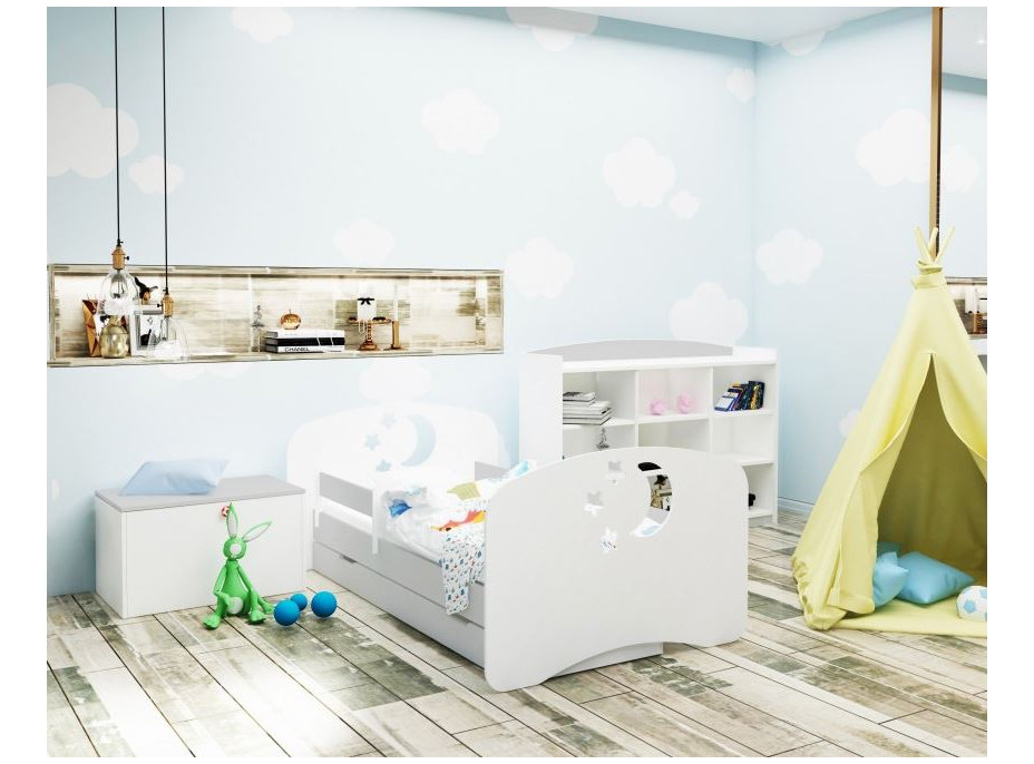 Dětská postel se šuplíkem 180x90 cm s výřezem MĚSÍC A HVĚZDIČKY + matrace ZDARMA!