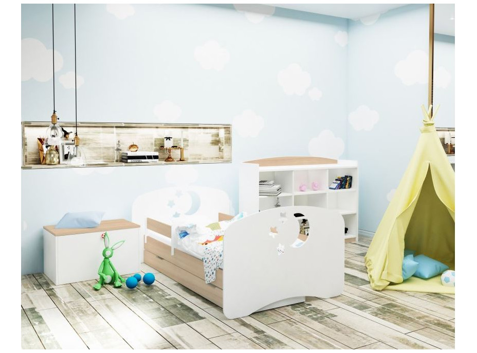 Dětská postel se šuplíkem 140x70 cm s výřezem MĚSÍC A HVĚZDIČKY + matrace ZDARMA!