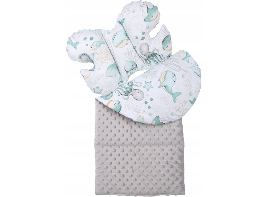 Oboustranné hnízdečko (kokon) pro miminko - BABYMAM PREMIUM set 7v1 - Mořský svět s šedou minky