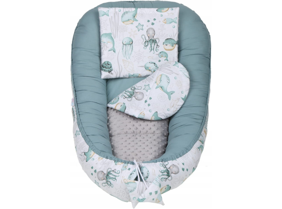 Oboustranné hnízdečko (kokon) pro miminko - BABYMAM PREMIUM set 7v1 - Mořský svět s šedou minky