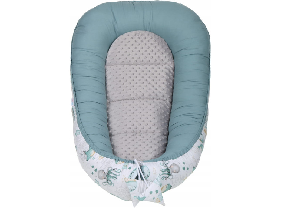 Oboustranné hnízdečko (kokon) pro miminko - BABYMAM PREMIUM set 7v1 - Mořský svět s šedou minky