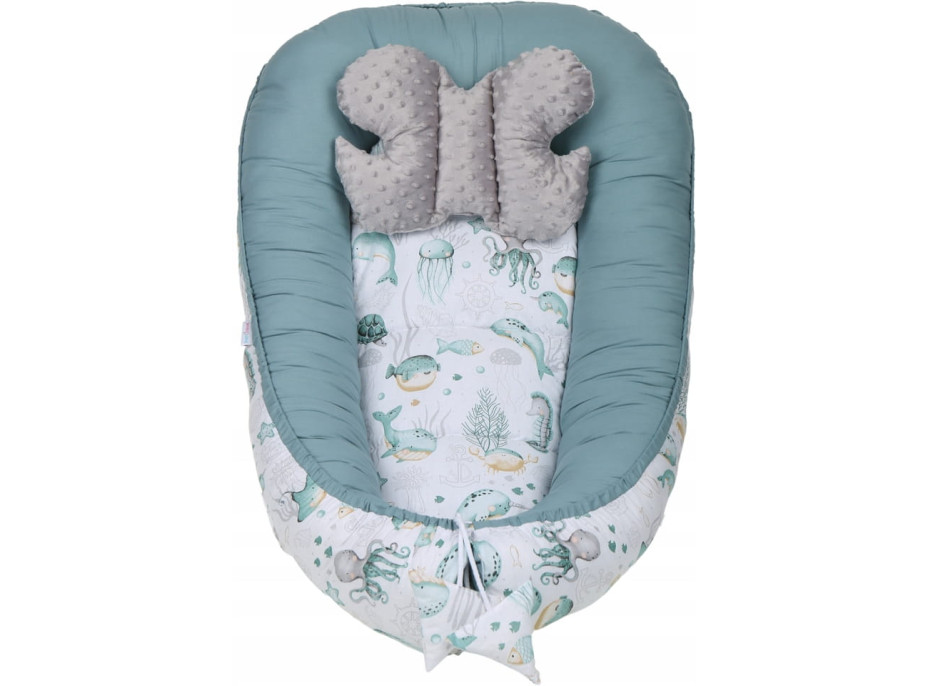 Oboustranné hnízdečko (kokon) pro miminko - BABYMAM PREMIUM set 7v1 - Mořský svět s šedou minky